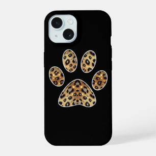 Coque iPhone 15 Empreinte de patte avec éclat de léopard doré et n