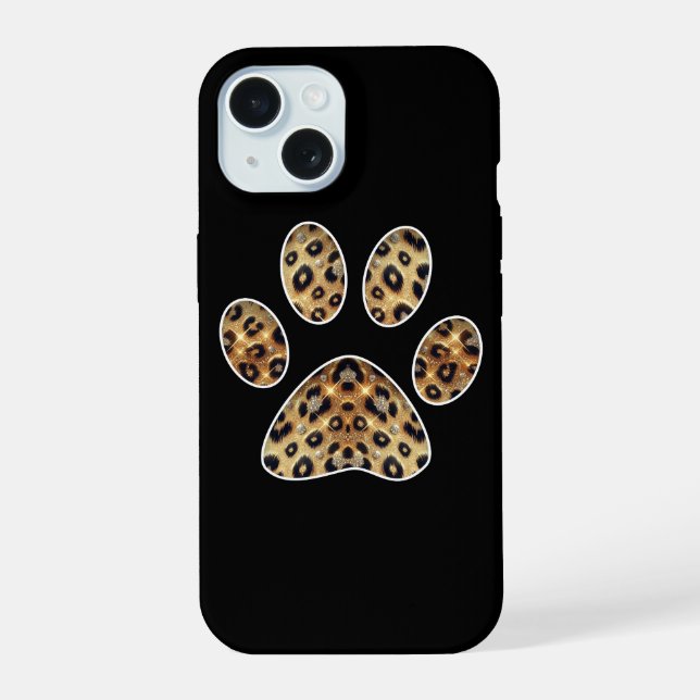 Coque iPhone 15 Empreinte de patte avec éclat de léopard doré et n (Verso)