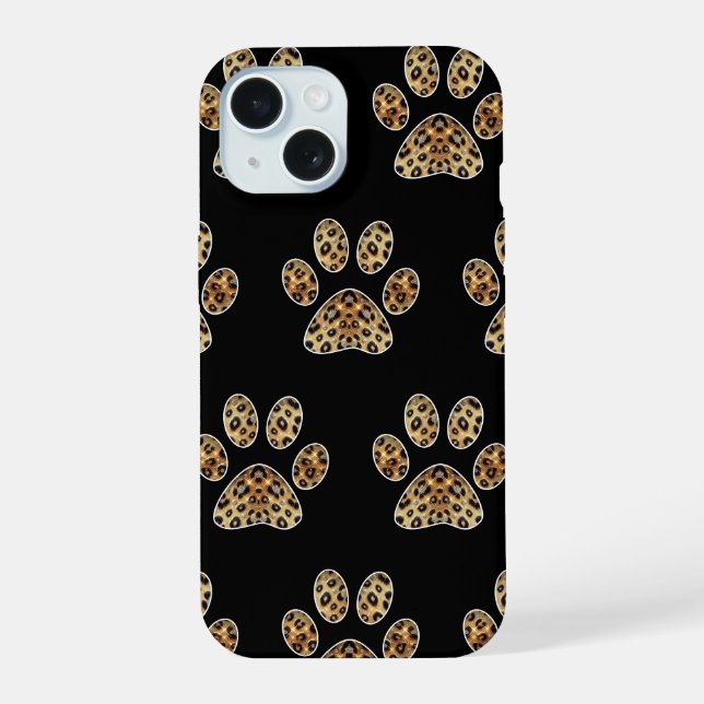 Coque iPhone 15 Empreinte de patte avec éclat de léopard doré et n (Verso)