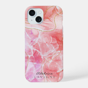 Coque iPhone 15 Encre aquarelle dégradé rose rouge personnalisable