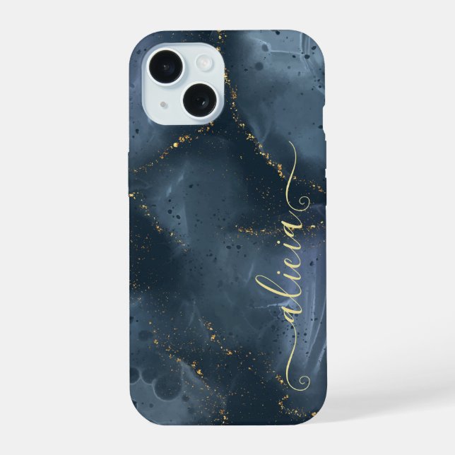 Coque iPhone 15 Encre d'alcool peinte à la main en or bleu (Verso)