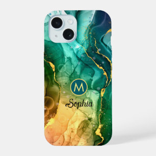 Coque iPhone 15 Encre Liquide Bleu Foncé Turquoise Jaune Vert, Mon