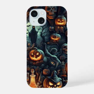Coque iPhone 15 Épouvantable 3D Halloween, Chauves-souris, Crânes,