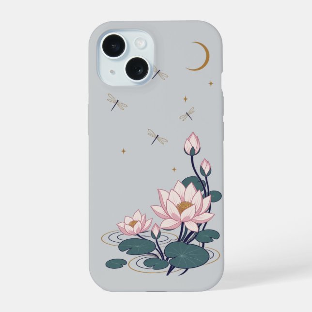 Coque iPhone 15 Étang de lotus au clair de lune (Verso)