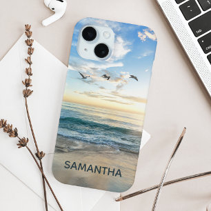 Coque iPhone 15 Été Plage Bleue Nom Personnalisé