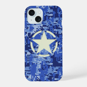 Coque iPhone 15 Étoile sur fond de camouflage numérique de la mari
