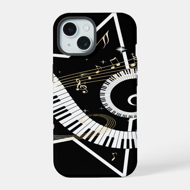 Coque iPhone 15 Étoiles musicales notes dorées (Verso)