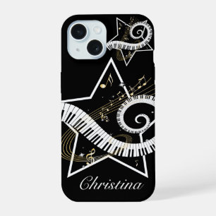 Coque iPhone 15 Étoiles musicales personnalisées notes dorées