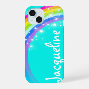 Coque iPhone 15 Étui ciel brillant étoiles aqua arc-en-ciel