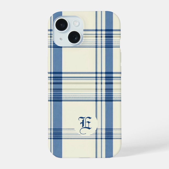 Coque iPhone 15 Étui de téléphone à carreaux bleu et crème classiq (Verso)