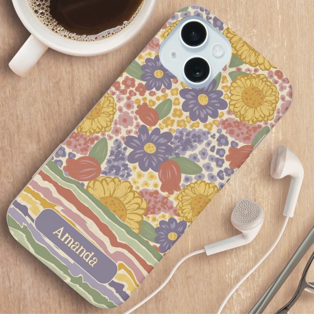 Coque iPhone 15 Étui de téléphone à rayures florales avec nom pers (Personalized Floral Stripe Phone Case - Gift for Her)