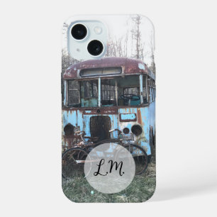 Coque iPhone 15 Étui de téléphone Bus Bleu Rouillé et Vélos Ancien