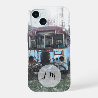 Coque iPhone 15 Étui de téléphone Bus Bleu Rouillé et Vélos Ancien