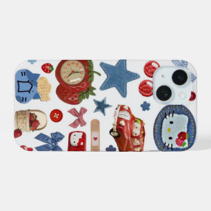 Coque iPhone 15 Étui de téléphone Collage Rouge Bleu Mignon Vintag