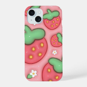 Coque iPhone 15 Étui de téléphone esthétique rose fraise gonflé 3D