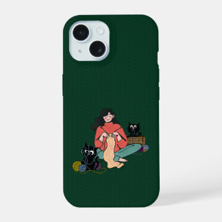 Coque iPhone 15 Étui de téléphone Femme au tricot cosy avec chats