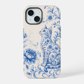 Coque iPhone 15 Étui de téléphone Fleur de Chat en Porcelaine Bleu