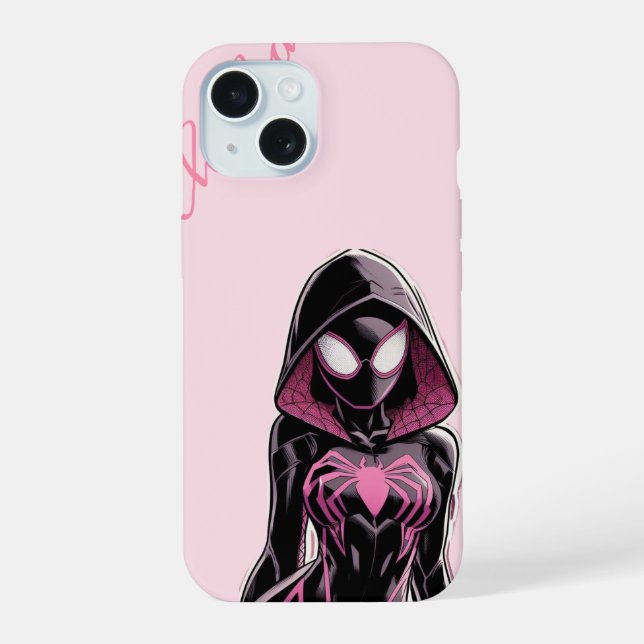 Coque iPhone 15 Étui de téléphone inspiré du héros à capuche rose (Verso)