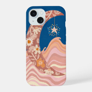 Coque iPhone 15 Étui de téléphone lune, étoiles et vagues mignon e