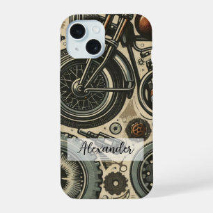 Coque iPhone 15 Étui de téléphone Moto Rétro Unique avec Engrenage