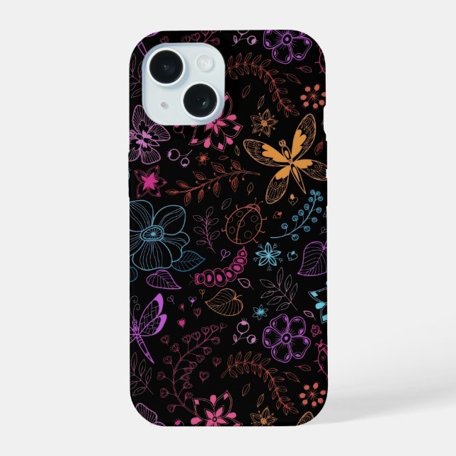 Coque iPhone 15 Étui de téléphone papillon floral néon (Verso)