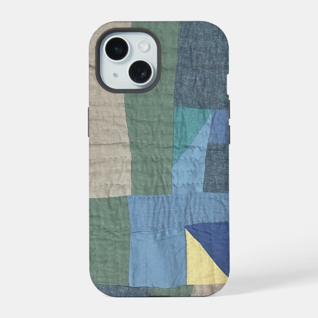 Coque iPhone 15 Étui de téléphone plaid moderne patchwork en lin (Verso)