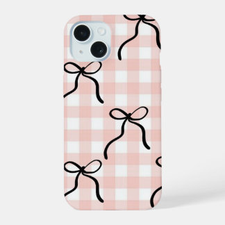 Coque iPhone 15 Étui de téléphone rose avec nœuds noirs