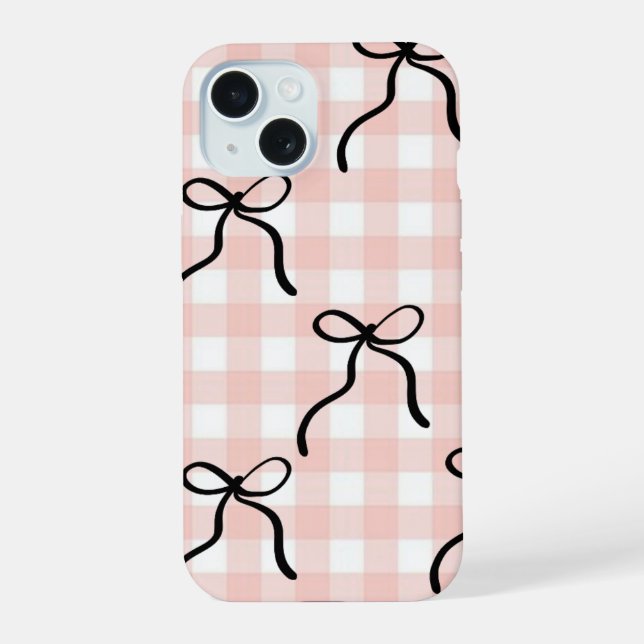 Coque iPhone 15 Étui de téléphone rose avec nœuds noirs (Verso)