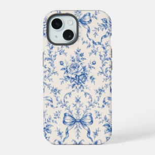Coque iPhone 15 Étui de téléphone Toile Ruban Rose Rococo Bleu