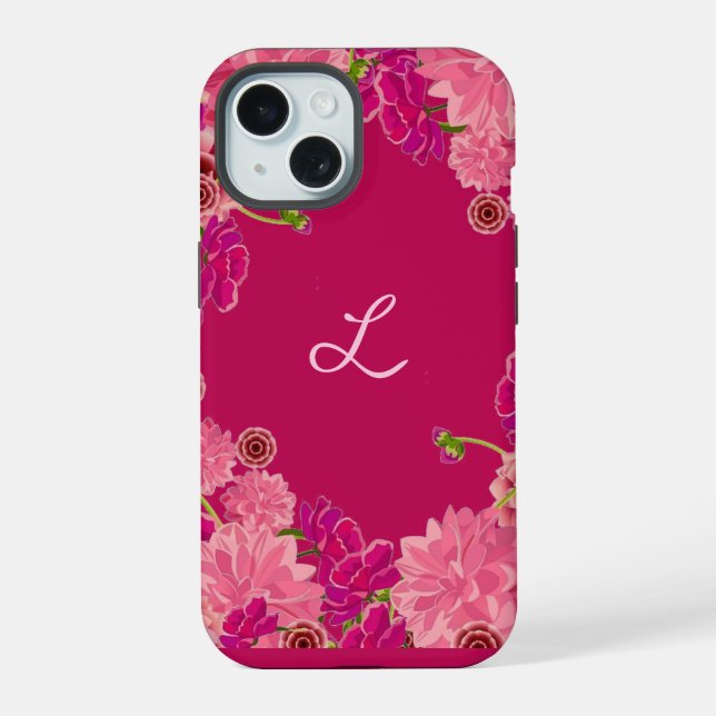 Coque iPhone 15 Étui floral magenta initial  (Verso)