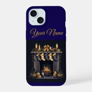 Coque iPhone 15 Étui iPhone 15 Noël vintage bleu marine et or