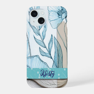 Coque iPhone 15 Étui iPhone à collage floral bleu, sarcelle et bei