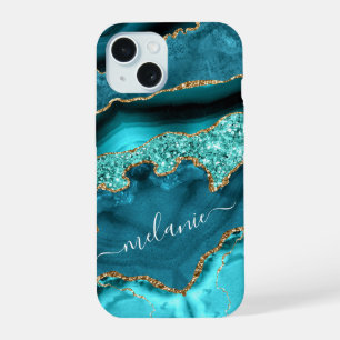 Coque iPhone 15 Étui iPhone bleu sarcelle or turquoise Nom personn