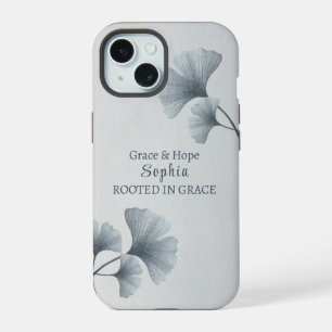 Coque iPhone 15 Étui iPhone feuille de ginkgo bleue personnalisée