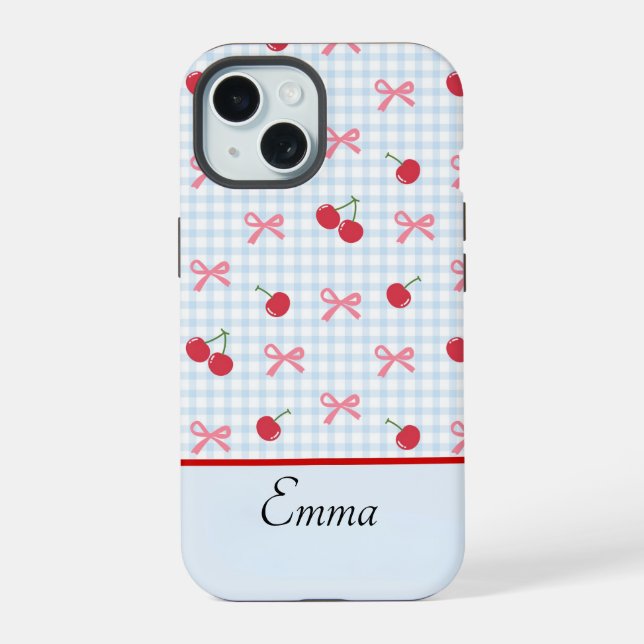 Coque iPhone 15 Étui iPhone Gingham Coquette Bow Cherry  (Verso)
