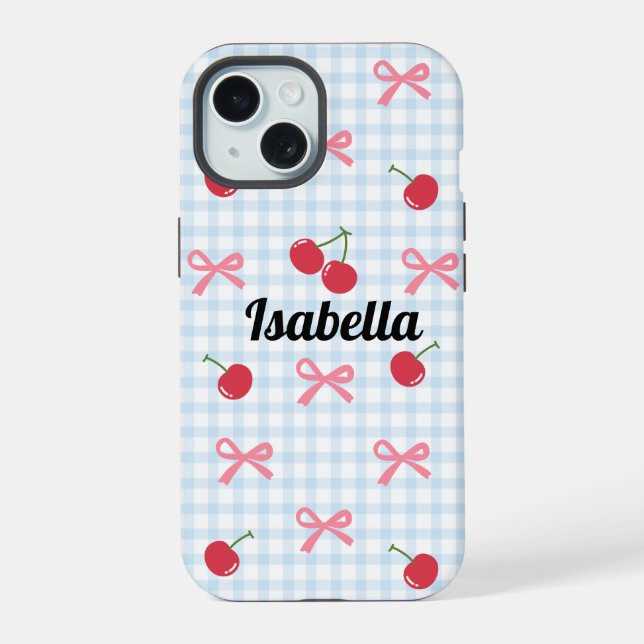 Coque iPhone 15 Étui iPhone Gingham Coquette Bow Cherry  (Verso)