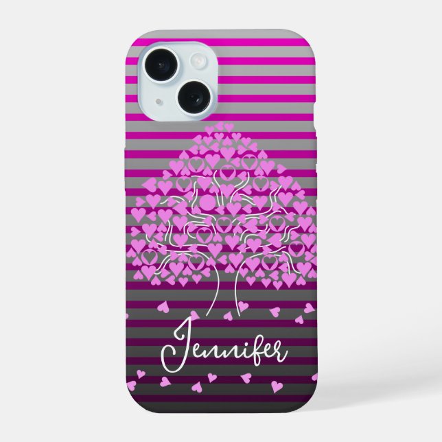 Coque iPhone 15 Étui iPhone Love Tree Rayure Rose (Verso)