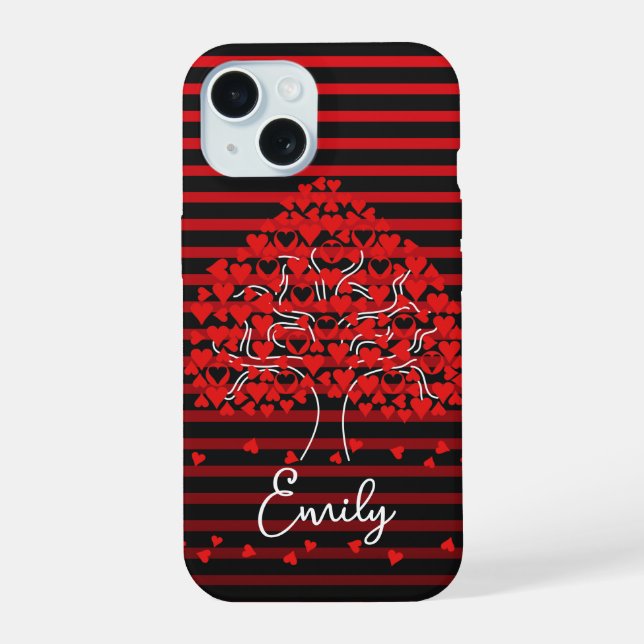 Coque iPhone 15 Étui iPhone Love Tree Rayure Rouge Noir (Verso)