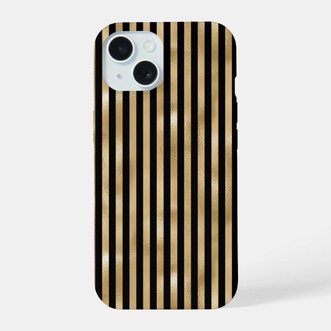 Coque iPhone 15 Étui iPhone rayé or et noir (Verso)