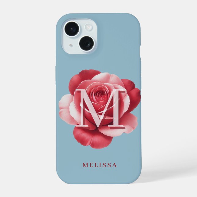 Coque iPhone 15 Étui iPhone Rose Initiale Personnalisée | Fleur Mo (Verso)