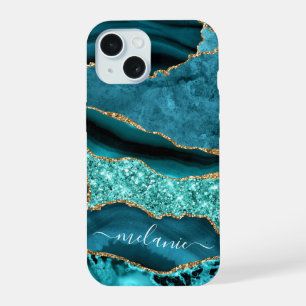 Coque iPhone 15 Étui iPhone Teal Blue Gold Turquoise Votre Nom