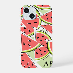 Coque iPhone 15 Étui iPhone vert 'Monogramme' pastèque vertical