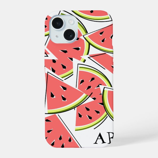 Coque iPhone 15 Étui iPhone vertical 'Monogramme' pastèque (Verso)