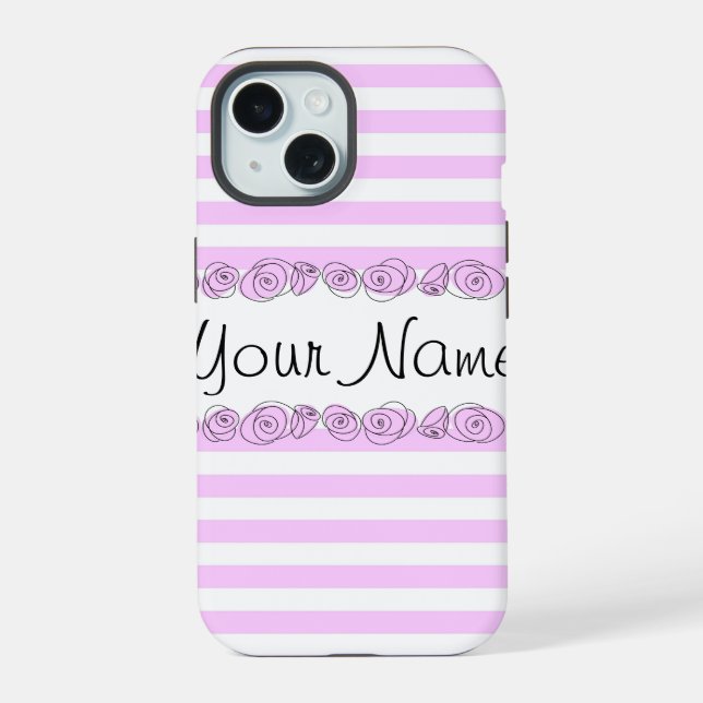 Coque iPhone 15 Étui iPhone vertical rayé 'Nom' Lilas Roses (Verso)