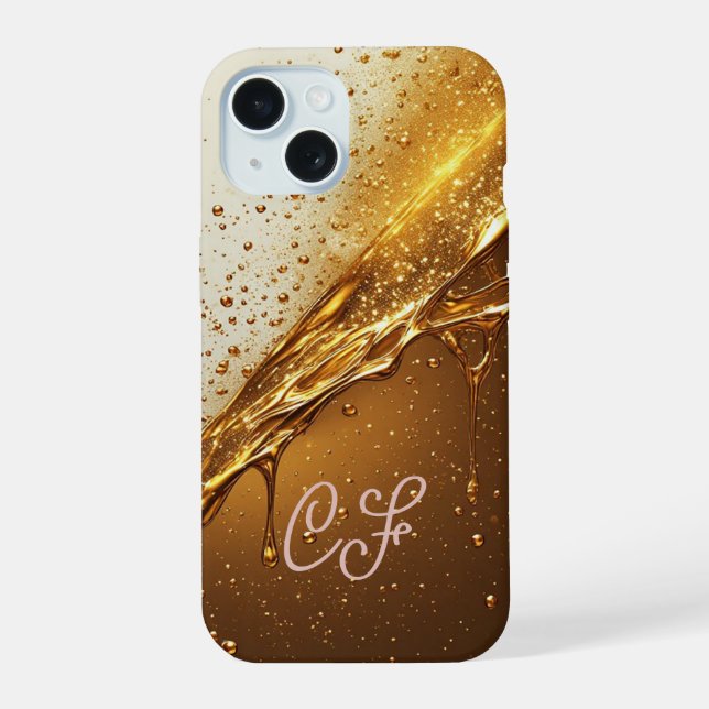 Coque iPhone 15 💛 Étui Luxe Gold Flow Glittering Liquid Drip ✨📱 (Verso)