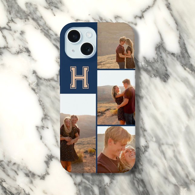 Coque iPhone 15 Étui Monogram Photo Gras Bleu Nuit  (Créateur téléchargé)