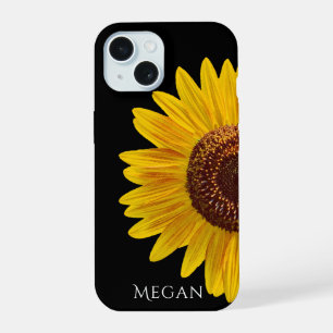Coque iPhone 15 Étui noir personnalisé avec nom et tournesol jaune