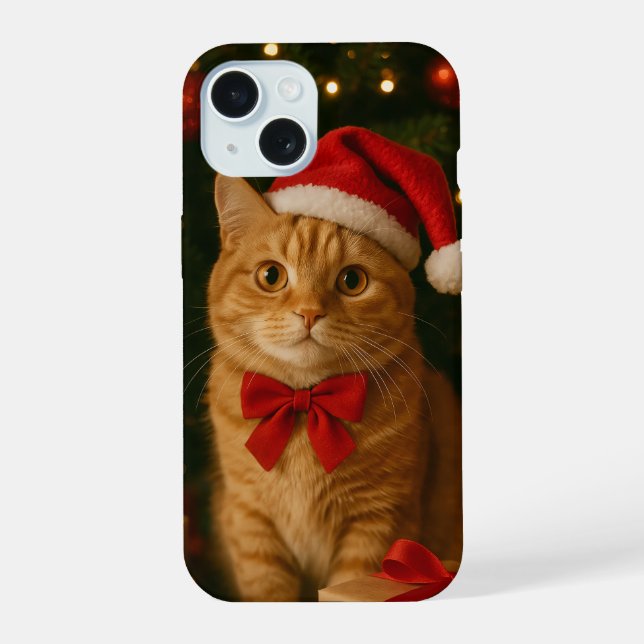 Coque iPhone 15 Étui pour iPhone 15 Chat Ruban de Noël (Verso)
