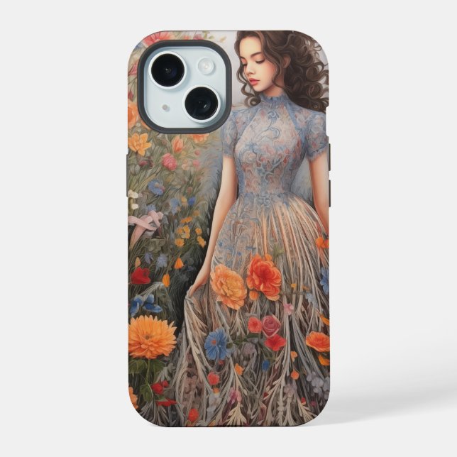 Coque iPhone 15 Étui pour iPhone 15 Une Fille Et Plein De Fleurs (Verso)