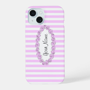 Coque iPhone 15 Étui pour iPhone rayé avec nom Roses Lilas horizon
